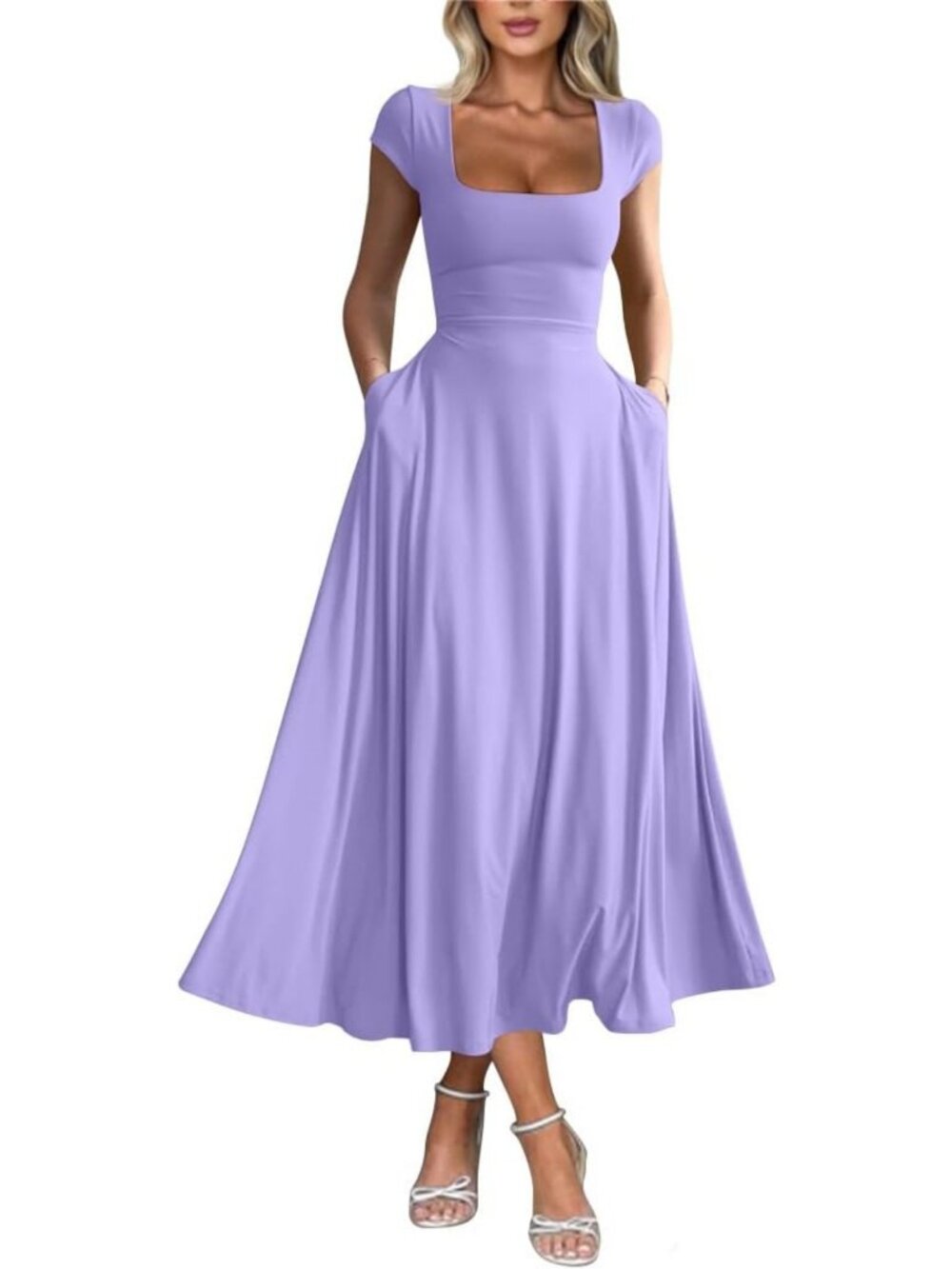 Casual Short Sleeve Square Neck Flowy Maxi Dress for Women - Perfect Summer